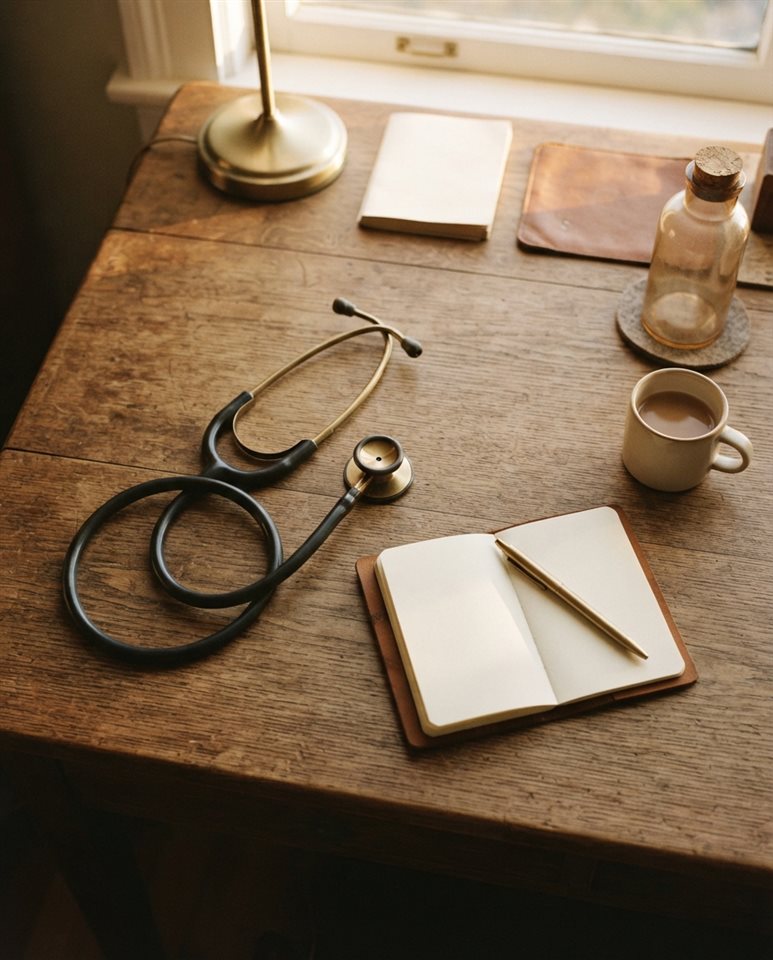 Cinematic film still of a stethoscope on a desk, high-angle view from above, warm golden light, calm mood, 4:5 aspect ratio