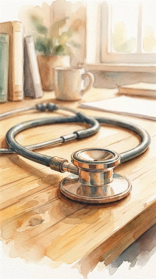 Watercolor illustration of a stethoscope on a desk, close-up detail with shallow depth of field, warm golden light, calm mood, 9:16 aspect ratio
