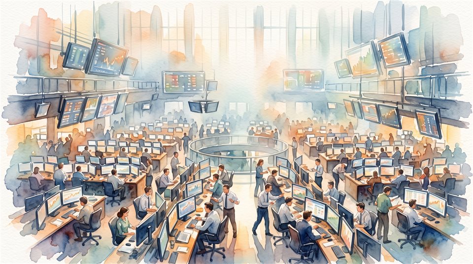 Ilustração em aquarela de telas de negociação do mercado de ações, tomada ampla com espaço aberto na parte superior para texto, névoa matinal suave, sonhador, proporção 16:9