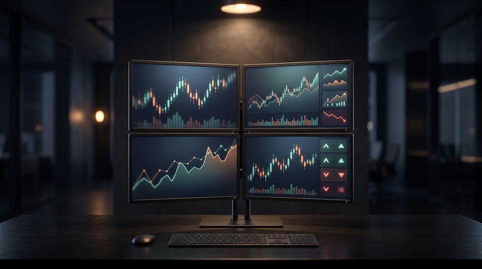 Renderização 3D suave de telas de negociação do mercado de ações, assunto centralizado com uma composição simples e organizada, tons escuros e melancólicos, iluminação dramática, proporção 16:9