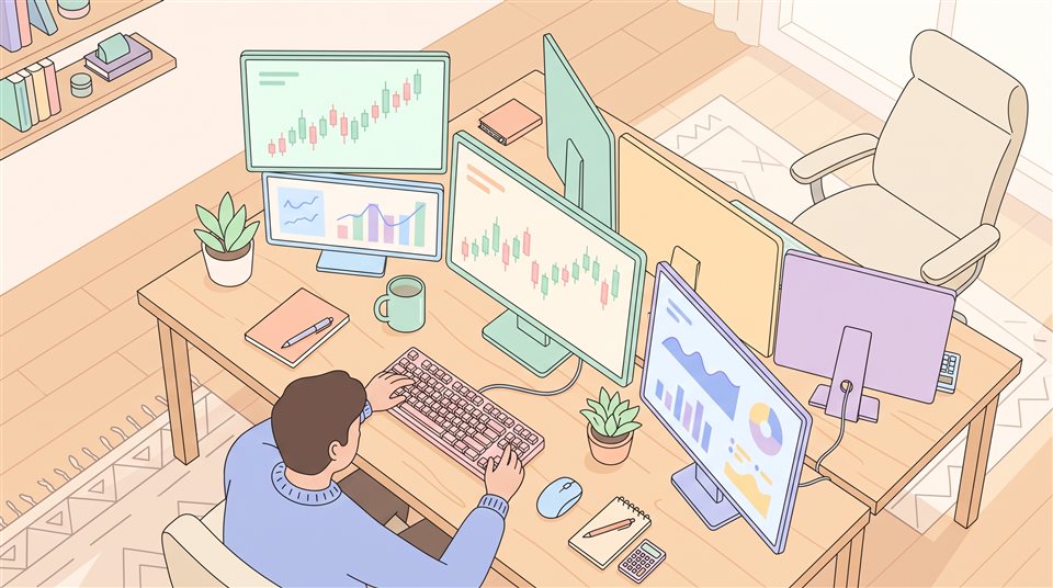 Ilustração plana minimalista de telas de negociação do mercado de ações, vista de cima para baixo, cores pastel suaves, brilhante e aconchegante, proporção 16:9