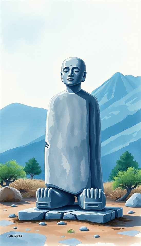 Watercolor illustration of An ancient weathered volcanic rock statue standing outdoors against a scenic nature background., centered subject with a simple uncluttered composition, cool blue tones, quiet atmosphere, 9:16 aspect ratio