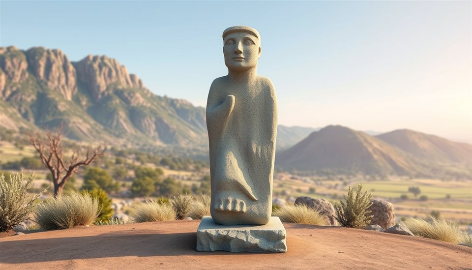 Minimal flat illustration of An ancient weathered volcanic rock statue standing outdoors against a scenic nature background., high-angle view from above, soft pastel colors, bright and cozy, 16:9 aspect ratio