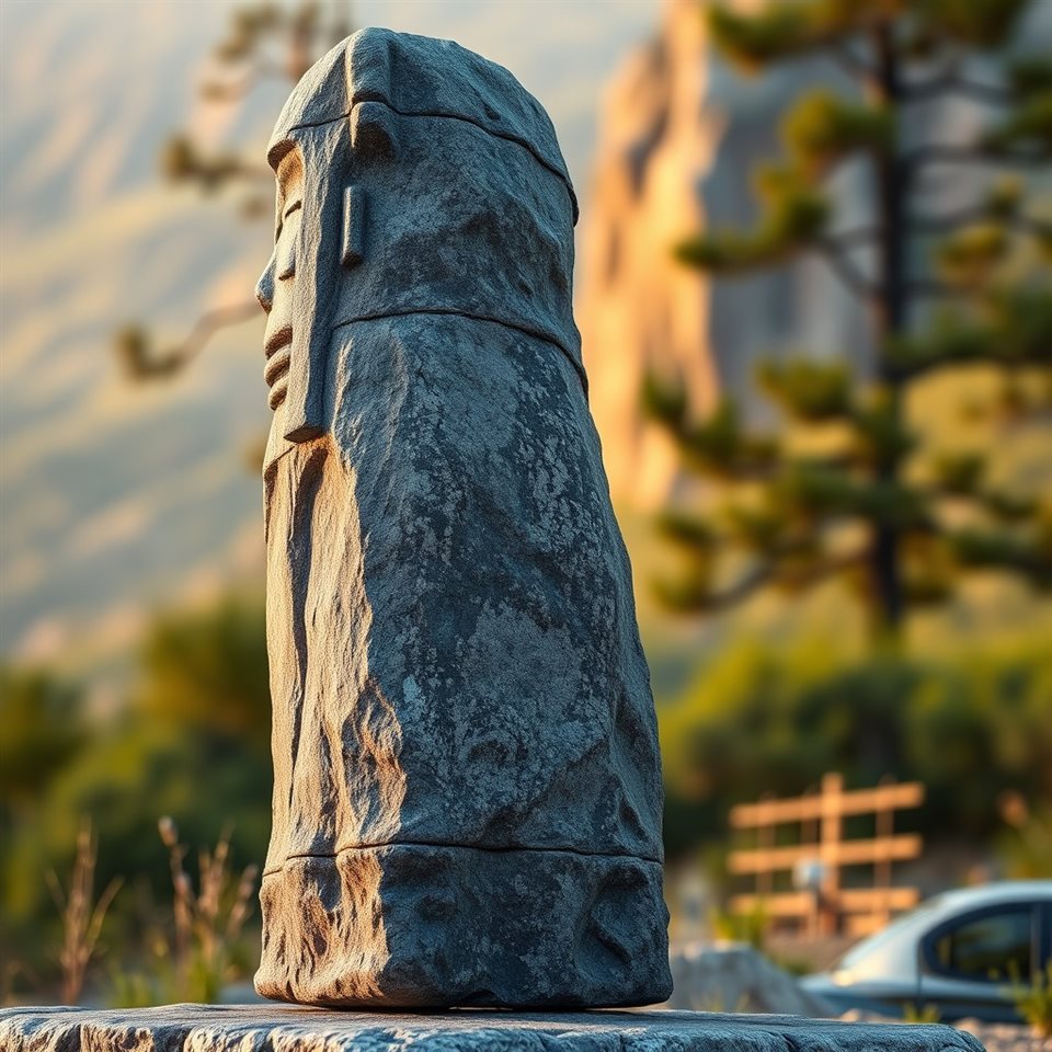Photorealistic photo of An ancient weathered volcanic rock statue standing outdoors against a scenic nature background., close-up detail with shallow depth of field, warm golden light, calm mood, 1:1 aspect ratio