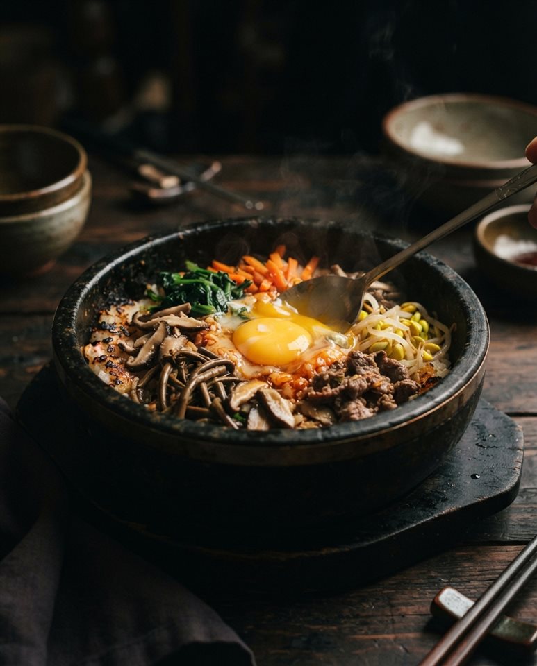 Photorealistic photo of a colorful bibimbap in a stone pot with vegetables and an egg, close-up detail with shallow depth of field, moody dark tones, dramatic lighting, 4:5 aspect ratio