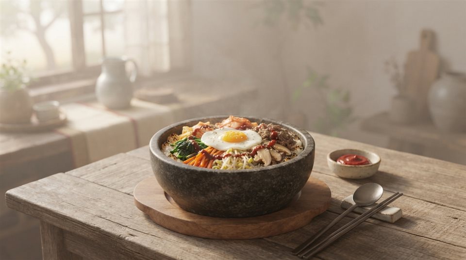 Soft 3D render of a colorful bibimbap in a stone pot with vegetables and an egg, wide shot with open space at the top for text, misty morning haze, dreamy, 16:9 aspect ratio
