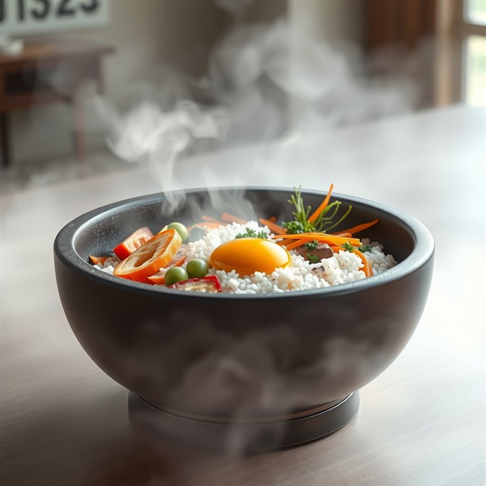 Soft 3D render of A sizzling hot stone bowl filled with colorful vegetables, rice, and an egg yolk ready to be mixed., wide shot with open space at the top for text, misty morning haze, dreamy, 1:1 aspect ratio