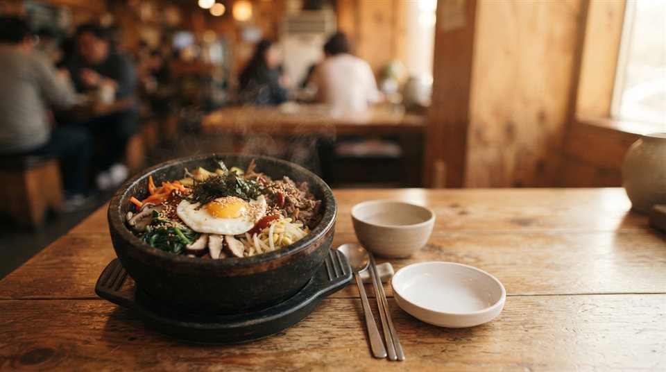 Photorealistic photo of a colorful bibimbap in a stone pot with vegetables and an egg, wide shot with open space at the top for text, warm golden light, calm mood, 16:9 aspect ratio
