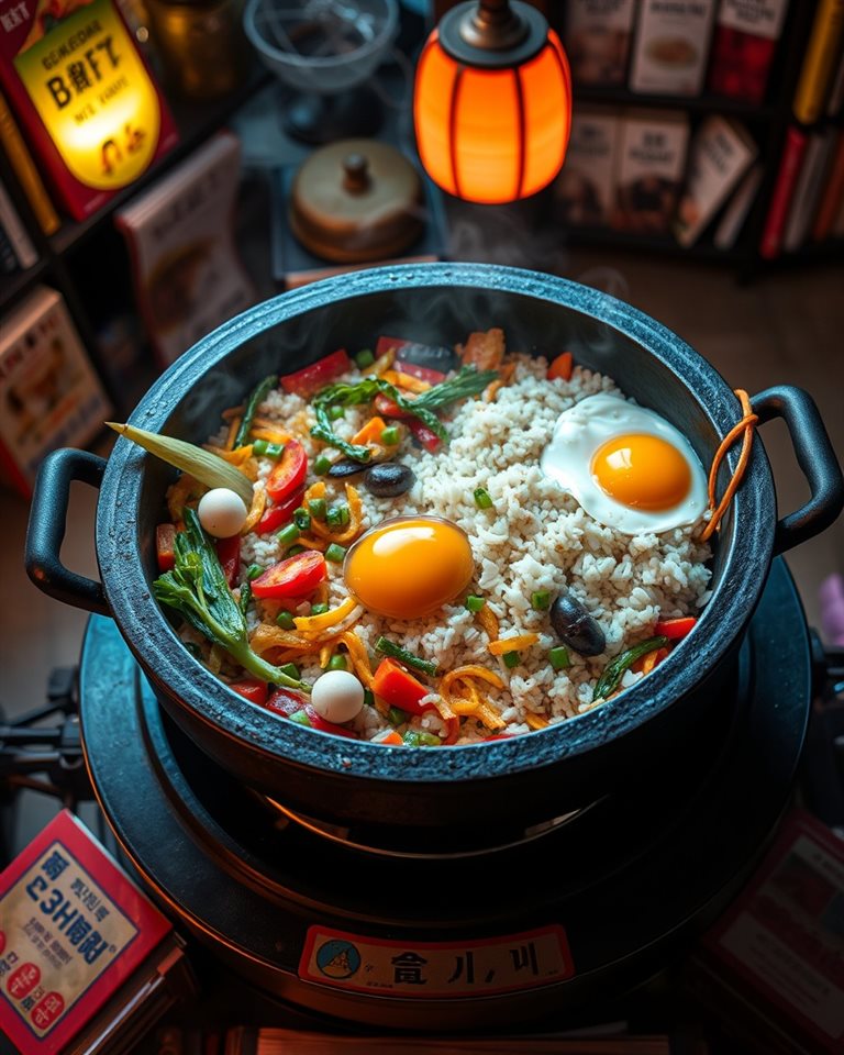 Cinematic film still of A sizzling hot stone bowl filled with colorful vegetables, rice, and an egg yolk ready to be mixed., high-angle view from above, vivid colors, high contrast, energetic, 4:5 aspect ratio