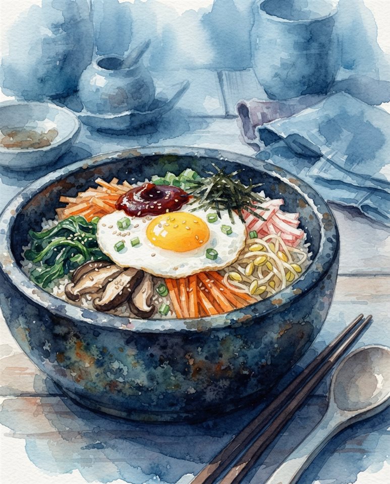Watercolor illustration of a colorful bibimbap in a stone pot with vegetables and an egg, close-up detail with shallow depth of field, cool blue tones, quiet atmosphere, 4:5 aspect ratio