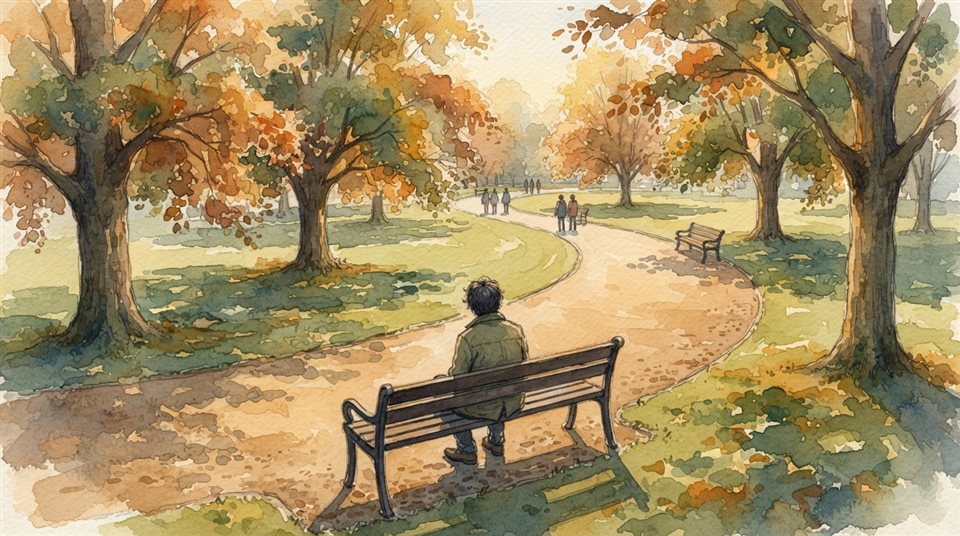 Watercolor illustration of person sitting alone on a park bench seen from behind, high-angle view from above, warm golden light, calm mood, 16:9 aspect ratio
