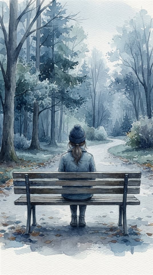 Watercolor illustration of person sitting alone on a park bench seen from behind, centered subject with a simple uncluttered composition, cool blue tones, quiet atmosphere, 9:16 aspect ratio