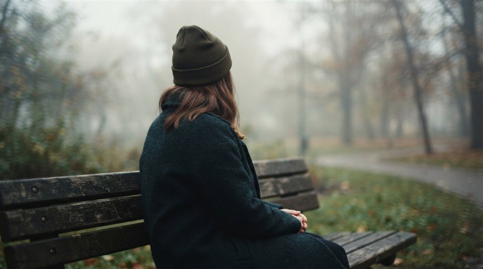 Cinematic film still of person sitting alone on a park bench seen from behind, close-up detail with shallow depth of field, misty morning haze, dreamy, 16:9 aspect ratio