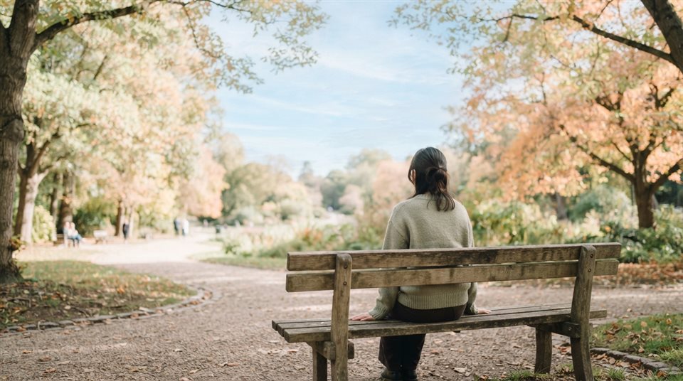 Photorealistic photo of person sitting alone on a park bench seen from behind, wide shot with open space at the top for text, soft pastel colors, bright and cozy, 16:9 aspect ratio
