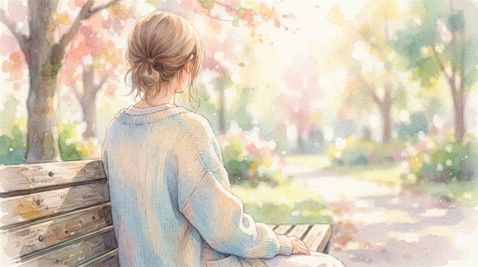 Watercolor illustration of person sitting alone on a park bench seen from behind, close-up detail with shallow depth of field, soft pastel colors, bright and cozy, 16:9 aspect ratio