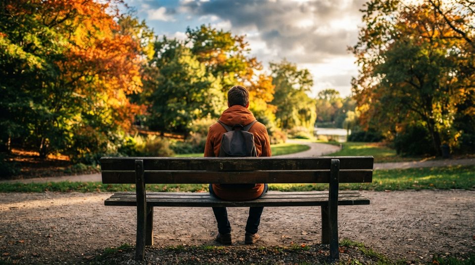 Cinematic film still of person sitting alone on a park bench seen from behind, centered subject with a simple uncluttered composition, vivid colors, high contrast, energetic, 16:9 aspect ratio