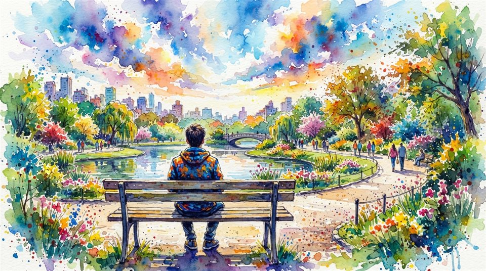 Watercolor illustration of person sitting alone on a park bench seen from behind, wide shot with open space at the top for text, vivid colors, high contrast, energetic, 16:9 aspect ratio