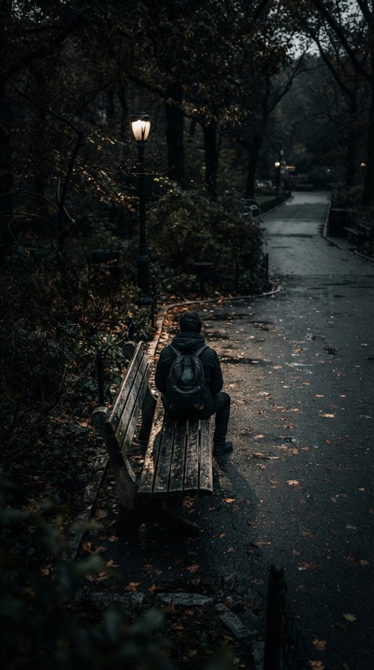 Photorealistic photo of person sitting alone on a park bench seen from behind, high-angle view from above, moody dark tones, dramatic lighting, 9:16 aspect ratio