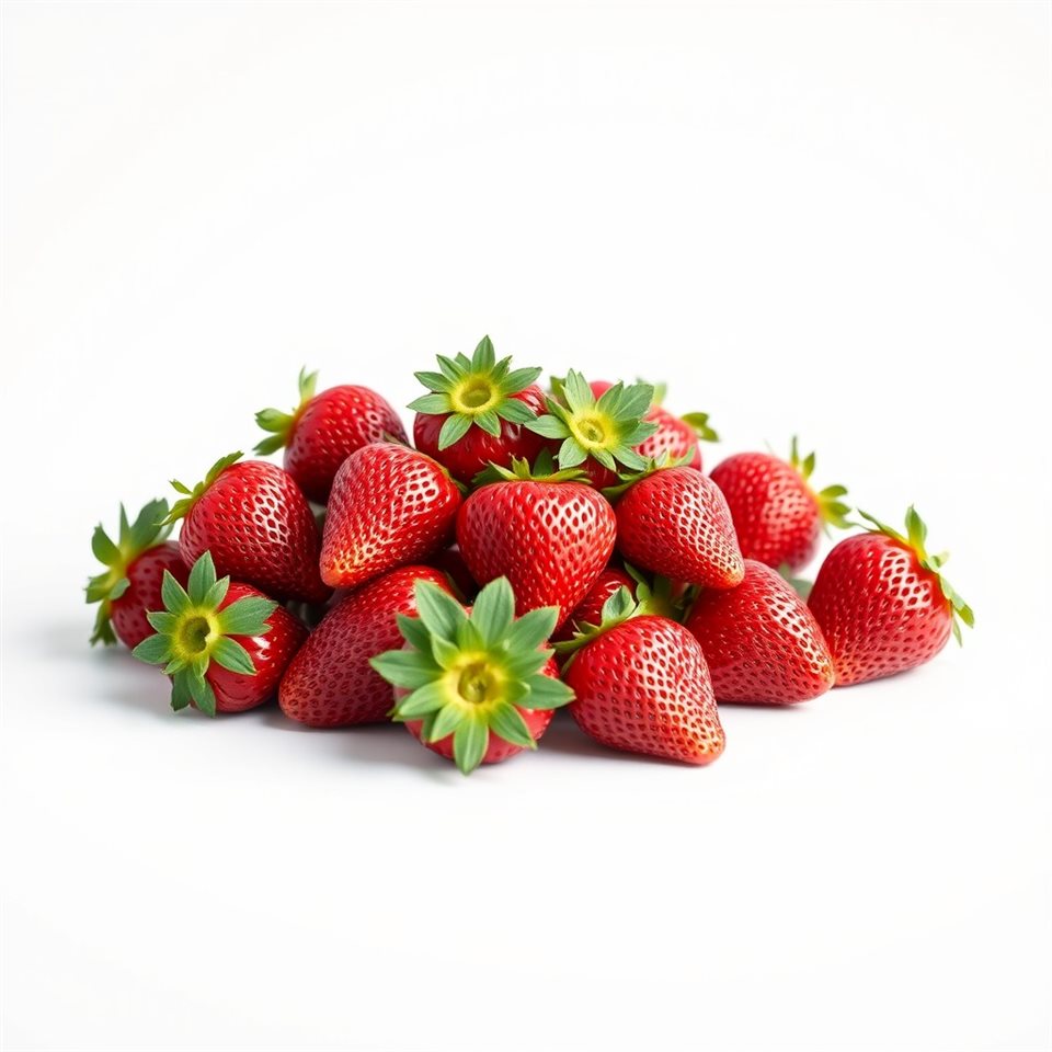 Soft 3D render of Fresh, ripe red strawberries with green leaves piled up against a clean white background, wide shot with open space at the top for text, misty morning haze, dreamy, 1:1 aspect ratio