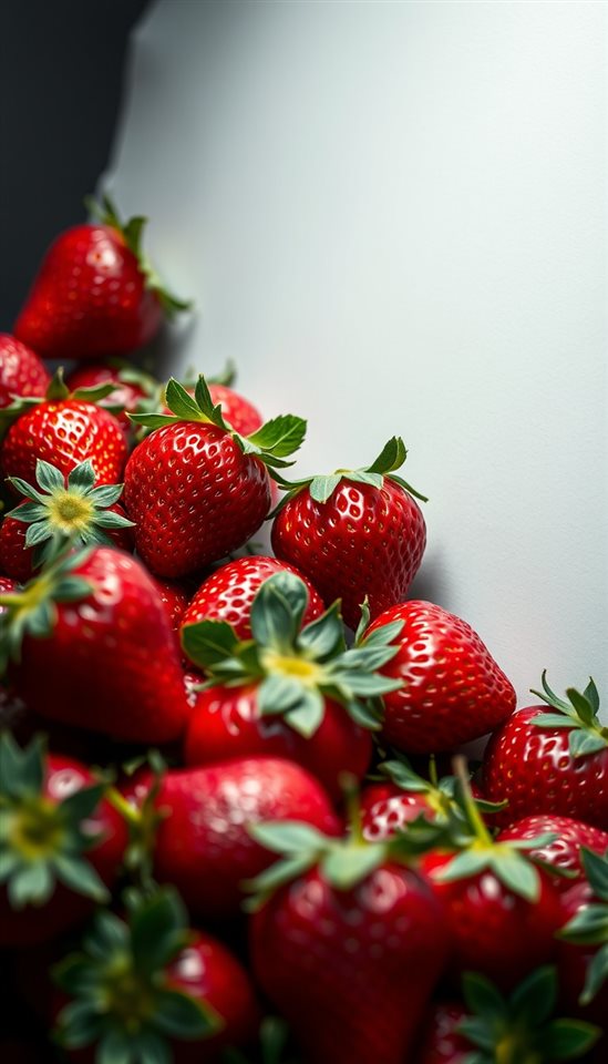 Photorealistic photo of Fresh, ripe red strawberries with green leaves piled up against a clean white background, close-up detail with shallow depth of field, moody dark tones, dramatic lighting, 9:16 aspect ratio