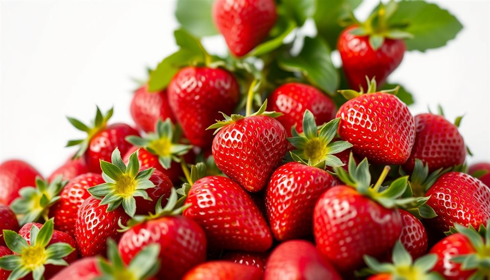 Cinematic film still of Fresh, ripe red strawberries with green leaves piled up against a clean white background, close-up detail with shallow depth of field, vivid colors, high contrast, energetic, 16:9 aspect ratio