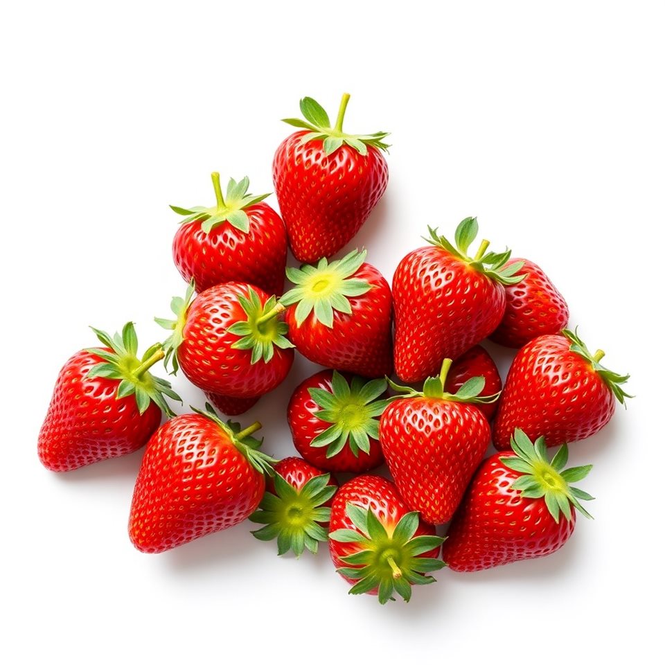 Minimal flat illustration of Fresh, ripe red strawberries with green leaves piled up against a clean white background, wide shot with open space at the top for text, soft pastel colors, bright and cozy, 1:1 aspect ratio