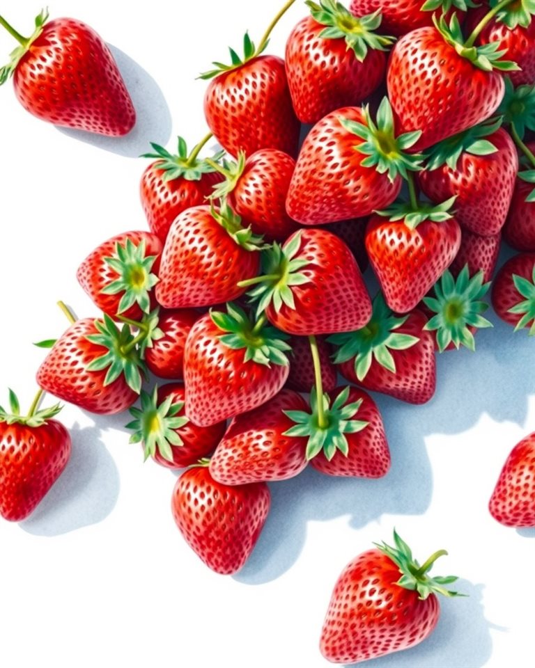 Watercolor illustration of Fresh, ripe red strawberries with green leaves piled up against a clean white background, high-angle view from above, cool blue tones, quiet atmosphere, 4:5 aspect ratio