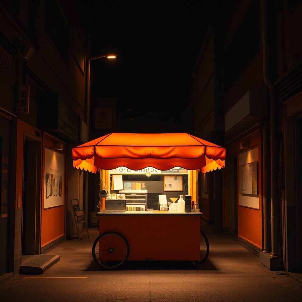 Photorealistic photo of A glowing orange street food tent glowing warmly under a dark alleyway at night, centered subject with a simple uncluttered composition, warm golden light, calm mood, 1:1 aspect ratio