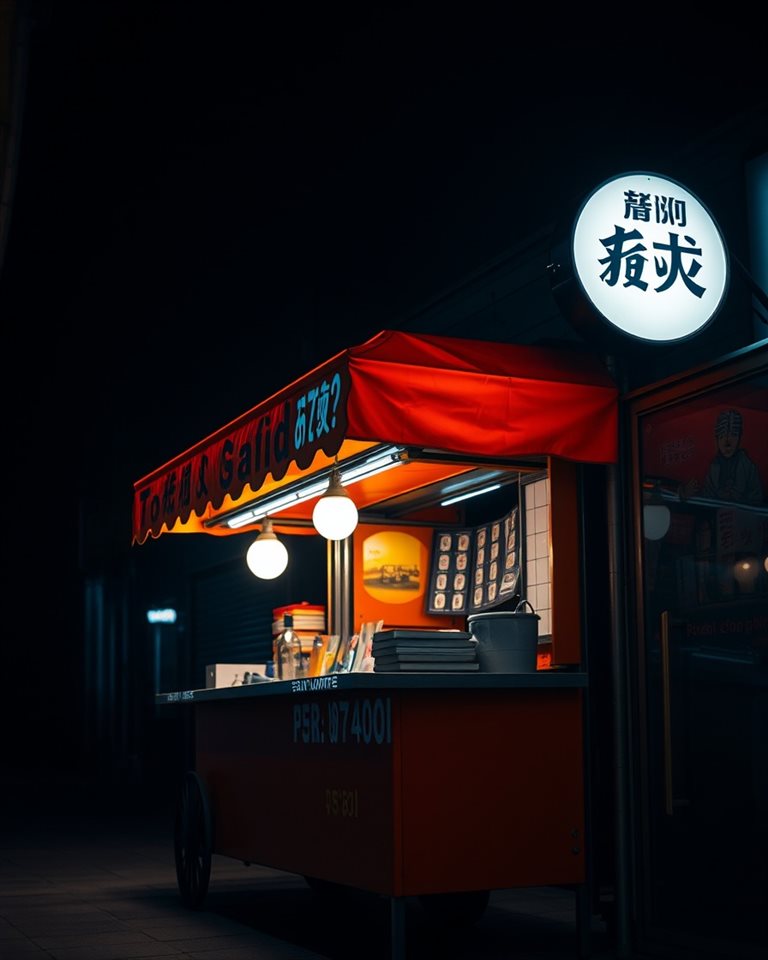 Photorealistic photo of A glowing orange street food tent glowing warmly under a dark alleyway at night, close-up detail with shallow depth of field, moody dark tones, dramatic lighting, 4:5 aspect ratio