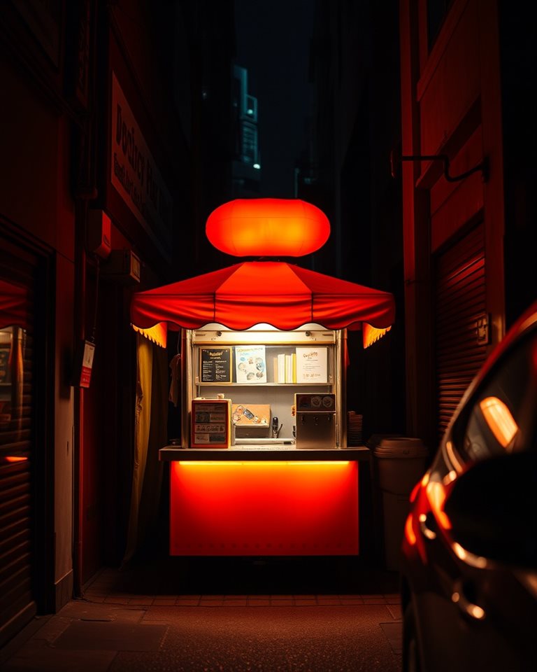 Cinematic film still of A glowing orange street food tent glowing warmly under a dark alleyway at night, close-up detail with shallow depth of field, vivid colors, high contrast, energetic, 4:5 aspect ratio