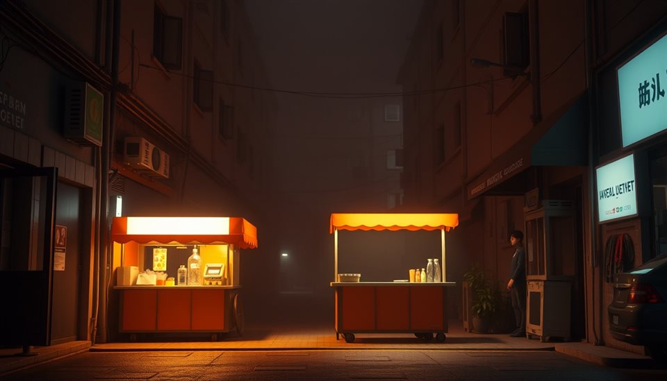 Soft 3D render of A glowing orange street food tent glowing warmly under a dark alleyway at night, wide shot with open space at the top for text, misty morning haze, dreamy, 16:9 aspect ratio
