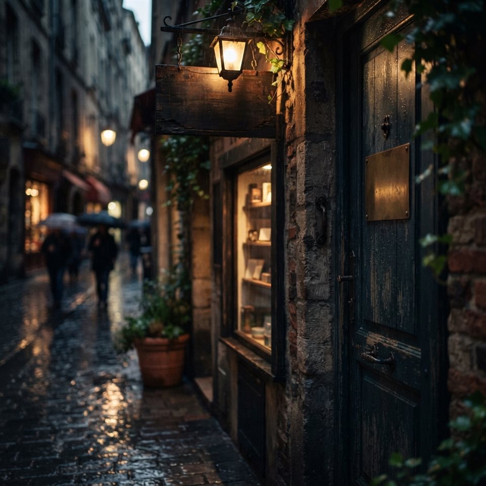 Photorealistic photo of cozy city street, close-up detail with shallow depth of field, moody dark tones, dramatic lighting, 1:1 aspect ratio