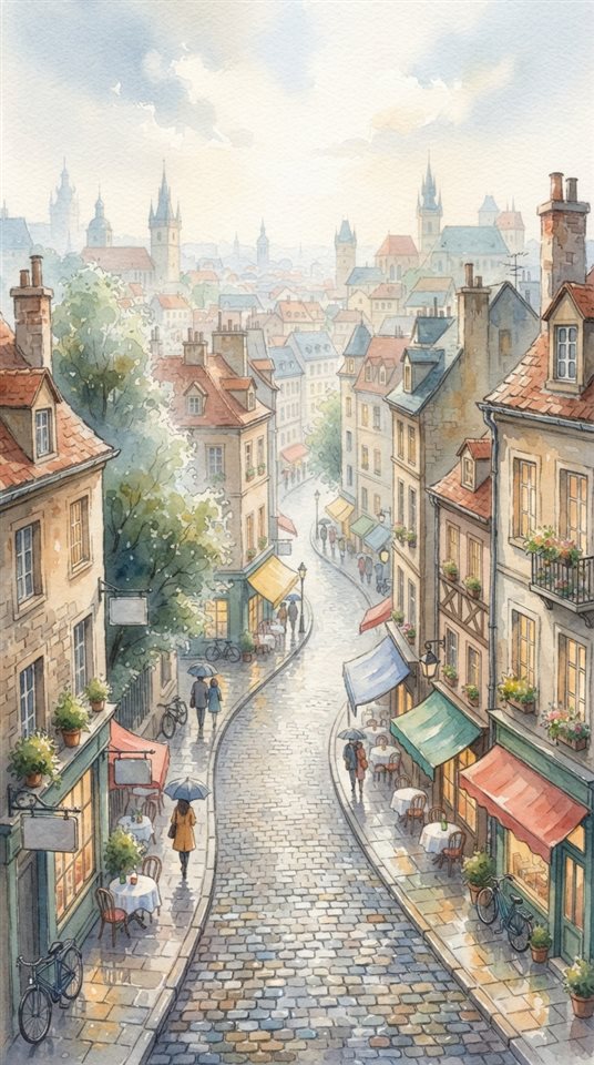 Watercolor illustration of cozy city street, high-angle view from above, misty morning haze, dreamy, 9:16 aspect ratio