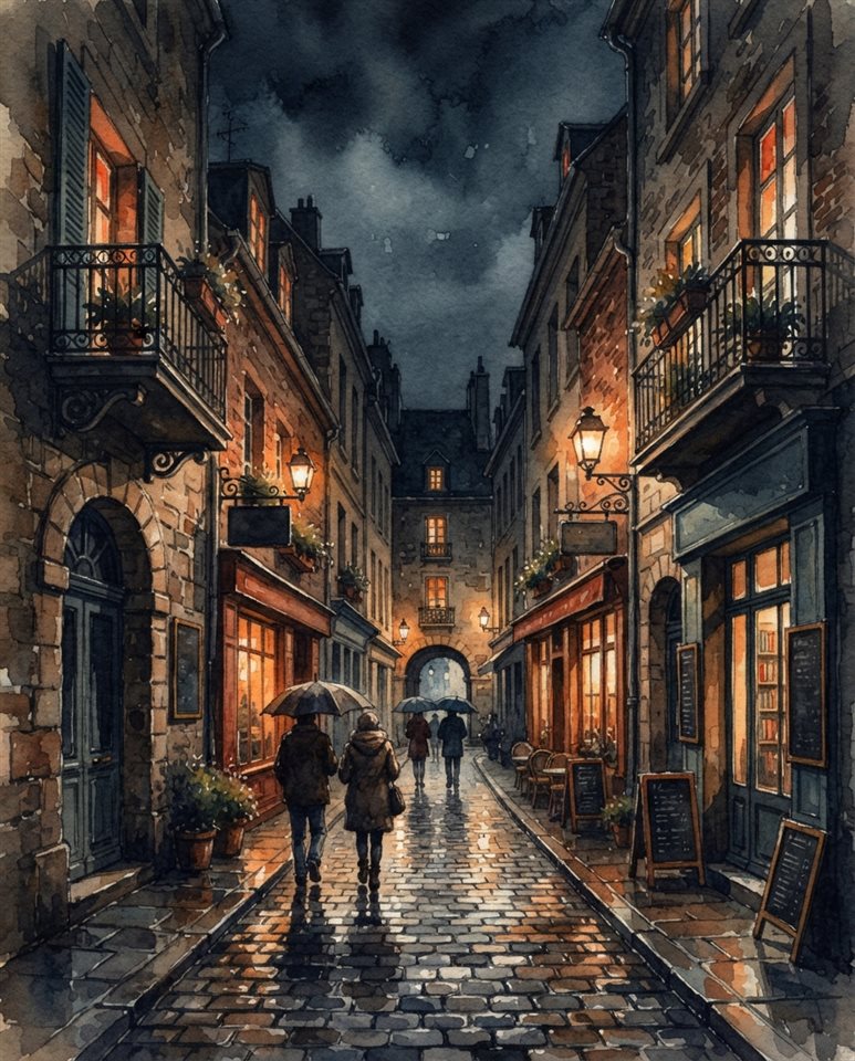 Watercolor illustration of cozy city street, centered subject with a simple uncluttered composition, moody dark tones, dramatic lighting, 4:5 aspect ratio