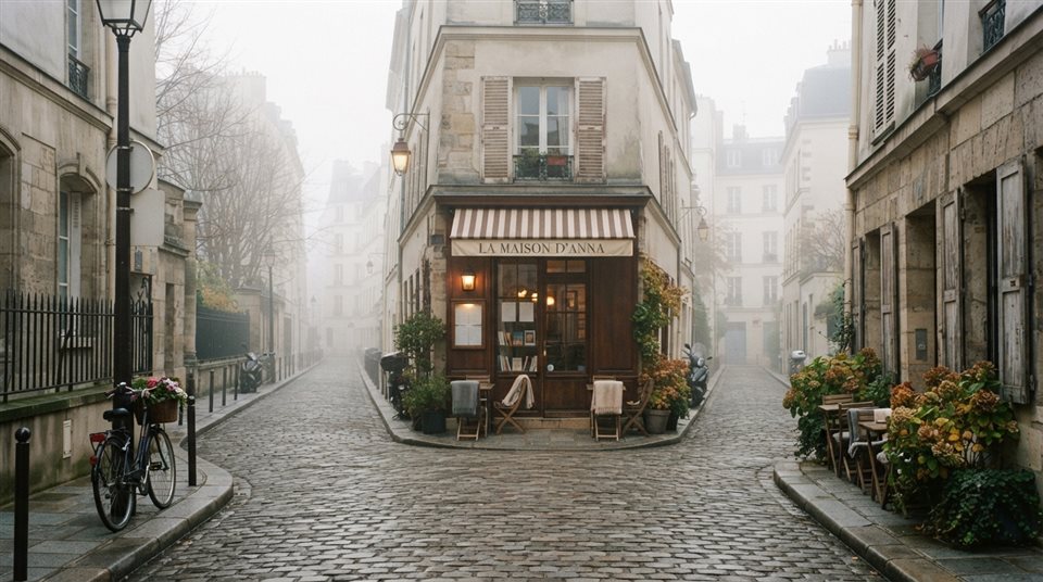 Photorealistic photo of cozy city street, centered subject with a simple uncluttered composition, misty morning haze, dreamy, 16:9 aspect ratio