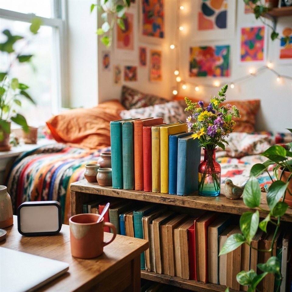 Photorealistic photo of a small cozy studio apartment, close-up detail with shallow depth of field, vivid colors, high contrast, energetic, 1:1 aspect ratio
