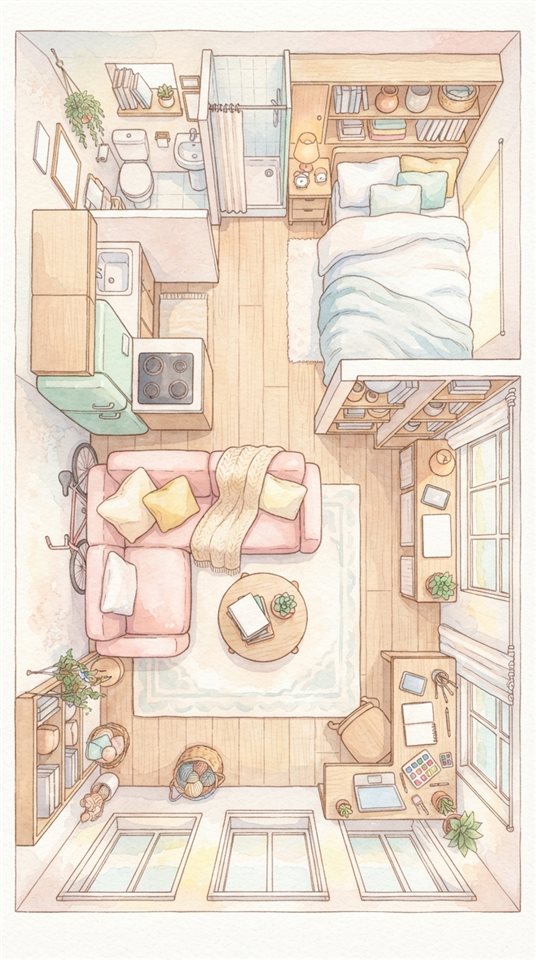 Watercolor illustration of a small cozy studio apartment, high-angle view from above, soft pastel colors, bright and cozy, 9:16 aspect ratio
