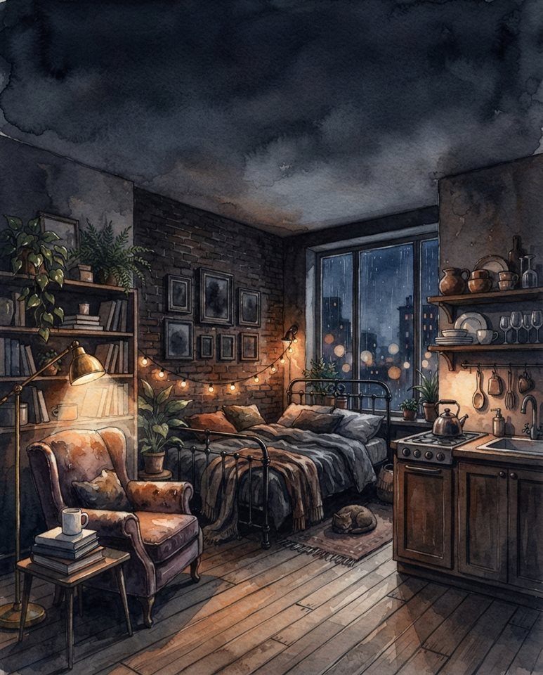 Watercolor illustration of a small cozy studio apartment, wide shot with open space at the top for text, moody dark tones, dramatic lighting, 4:5 aspect ratio
