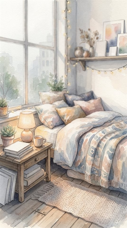 Watercolor illustration of a small cozy studio apartment, close-up detail with shallow depth of field, misty morning haze, dreamy, 9:16 aspect ratio