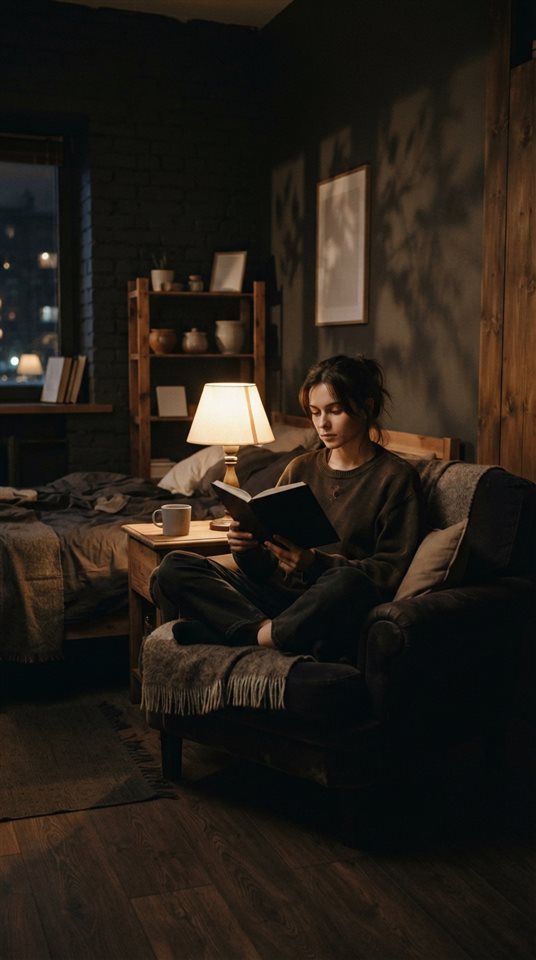 Cinematic film still of a small cozy studio apartment, centered subject with a simple uncluttered composition, moody dark tones, dramatic lighting, 9:16 aspect ratio