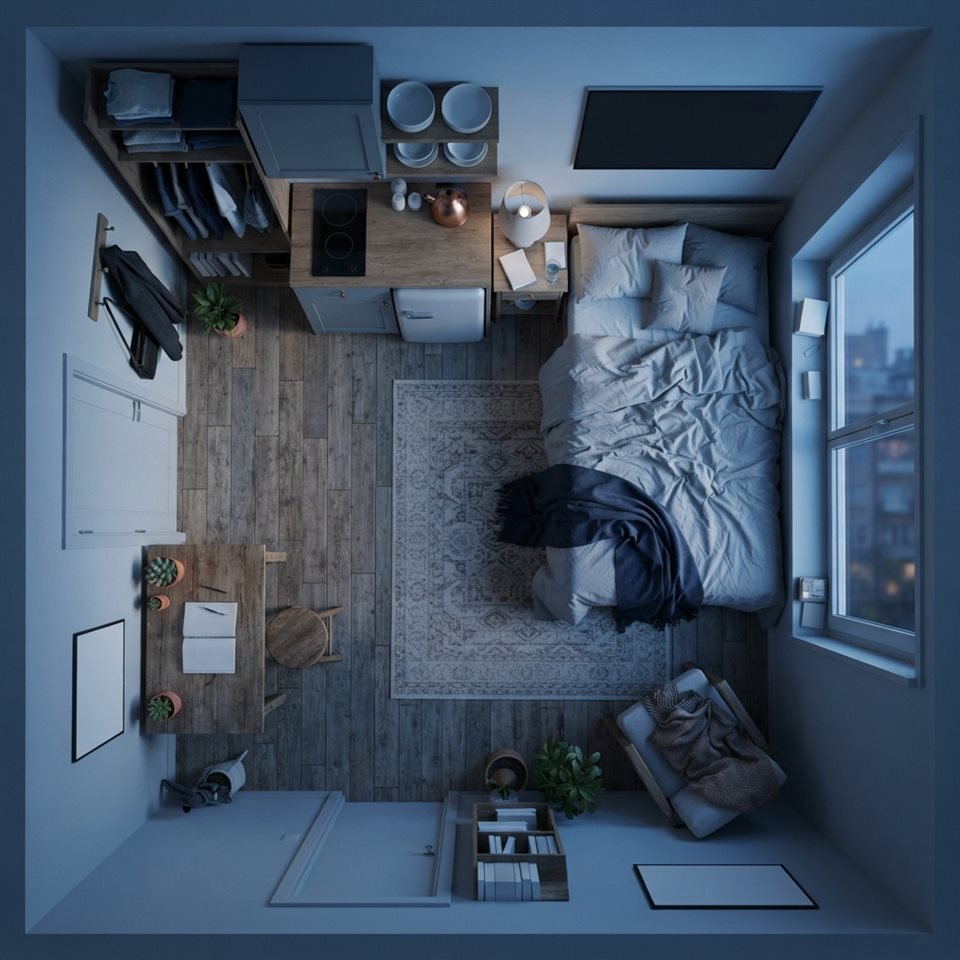 Photorealistic photo of a small cozy studio apartment, high-angle view from above, cool blue tones, quiet atmosphere, 1:1 aspect ratio