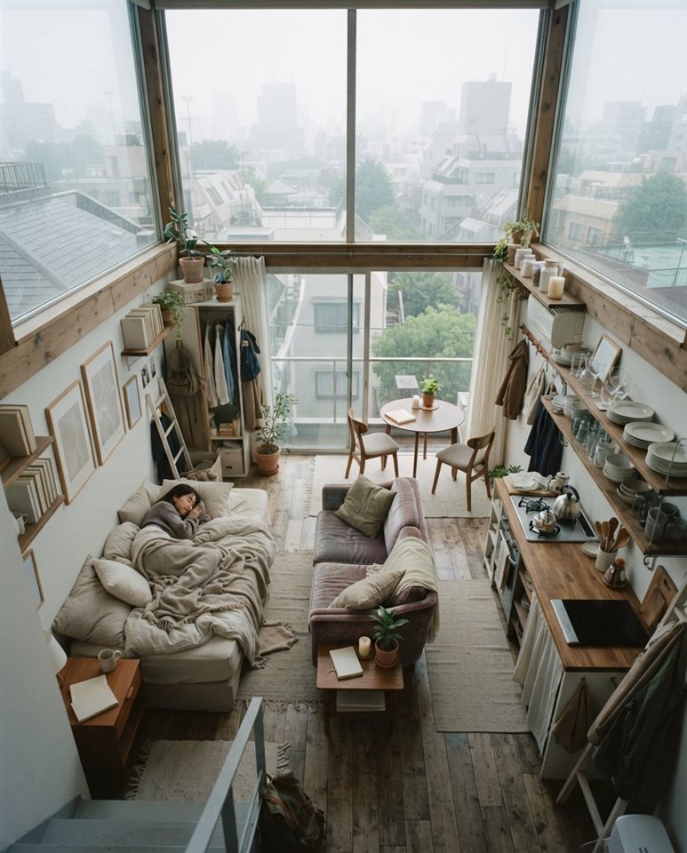 Cinematic film still of a small cozy studio apartment, high-angle view from above, misty morning haze, dreamy, 4:5 aspect ratio