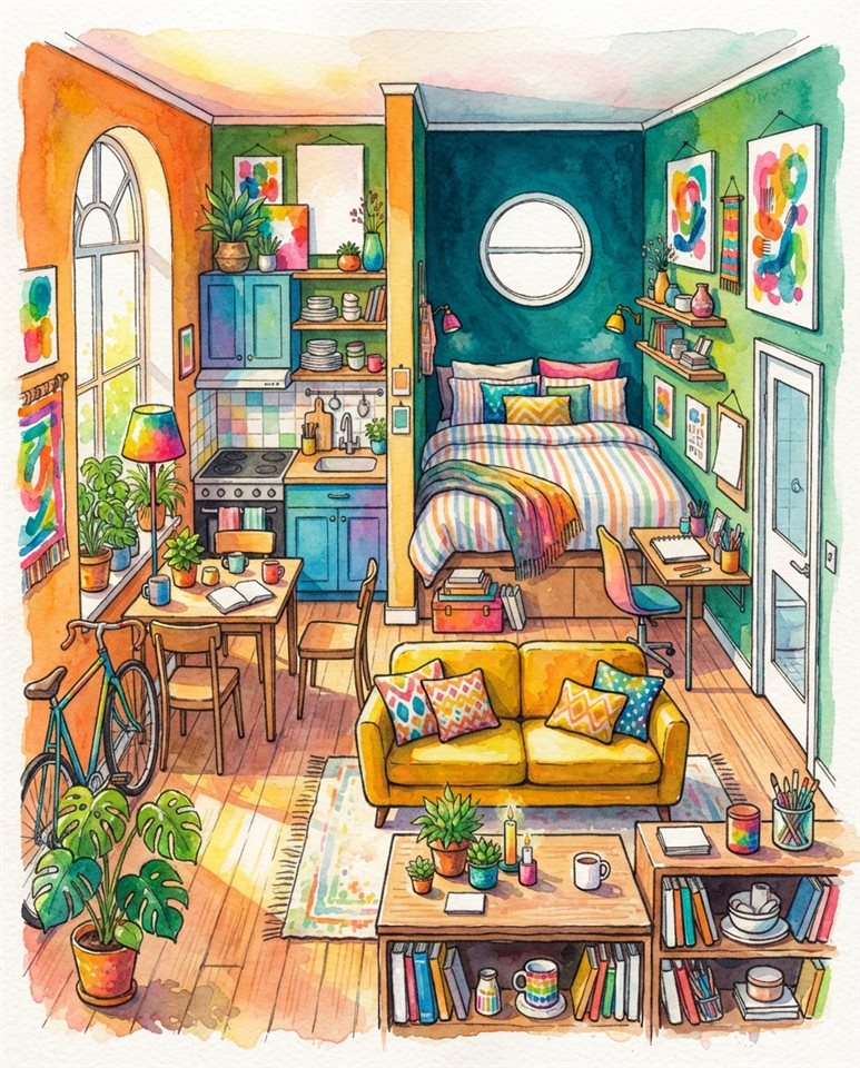 Watercolor illustration of a small cozy studio apartment, centered subject with a simple uncluttered composition, vivid colors, high contrast, energetic, 4:5 aspect ratio