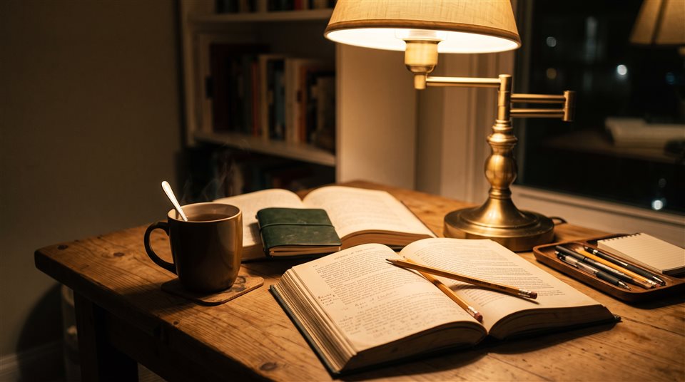 Foto fotorrealista de escrivaninha com livros e um abajur quente para estudar à noite, detalhes em close-up com pequena profundidade de campo, luz dourada quente, clima calmo, proporção 16:9