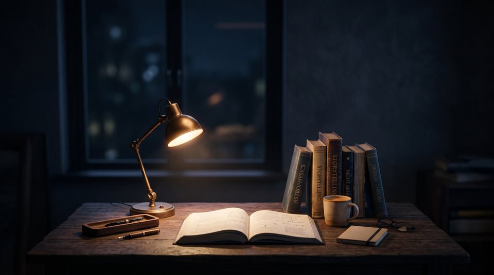 Renderização 3D suave de escrivaninha com livros e um abajur quente para estudar à noite, tomada ampla com espaço livre na parte superior para texto, tons escuros melancólicos, iluminação dramática, proporção 16:9