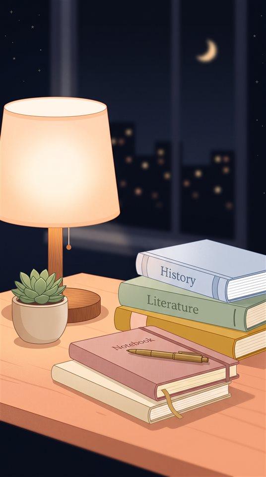 Ilustración plana minimalista de un escritorio con libros y una lámpara cálida para estudiar por noche, detalle en primer plano con poca profundidad de campo, colores pastel suaves, brillante y acogedor, relación de aspecto 9:16