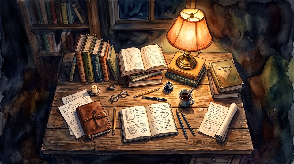 夜晚讀書桌上的書籍與溫暖檯燈的水彩插畫，俯視視角，低沉陰暗色調，戲劇性燈光，16:9比例