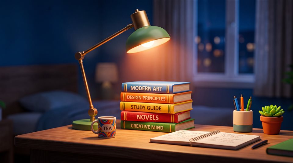 Renderização 3D suave de uma escrivaninha com livros e um abajur acolhedor para estudar à noite, assunto centralizado com uma composição simples e organizada, cores vívidas, alto contraste, energético, proporção 16:9