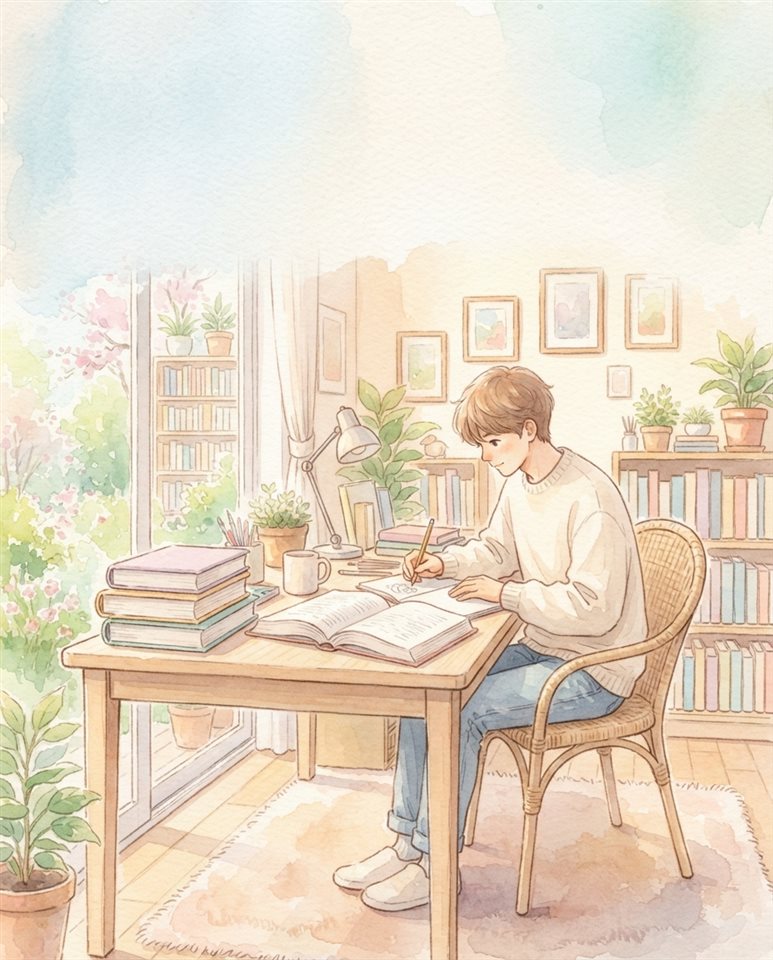 學生在書桌前看書學習的水彩插圖，上方留有文字空間的寬景構圖，柔和的粉嫩色彩，明亮而溫馨，4:5比例