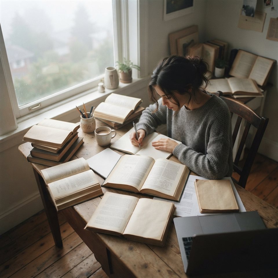 Photorealistic photo of a student studying at a desk with books, high-angle view from above, misty morning haze, dreamy, 1:1 aspect ratio